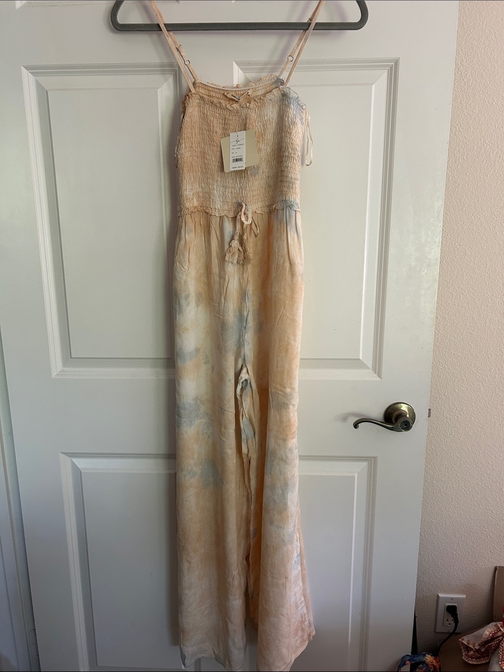 Smocked Peach Tie-Dye Wide-Leg Jumpsuit with Adjustable Straps